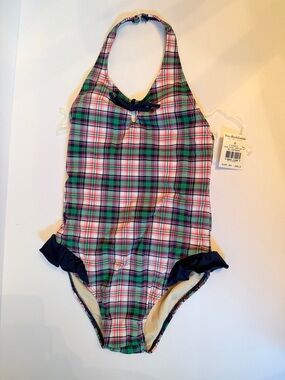 Polo Ralph Lauren Girls 6x Green Pink White Plaid Halter One-Piece Swimsuit NWT